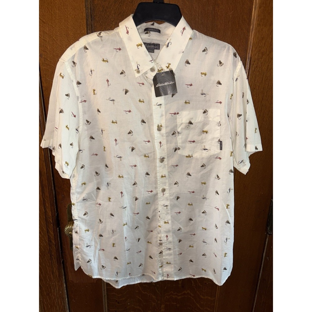 NWT Eddie Bauer Mens Button Down Shirt Fishing Lure Print Short Sleeve Size L